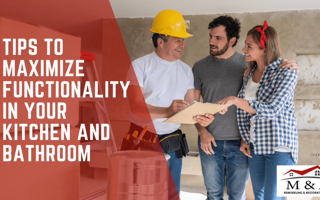 A couple talks with a renovator about adding kitchen functionality with the blog title on the left.