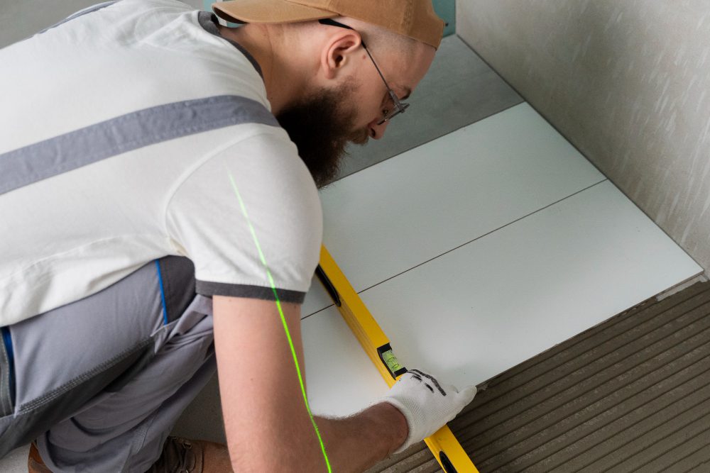 A Professional working on the renovation of the apartment bathroom.